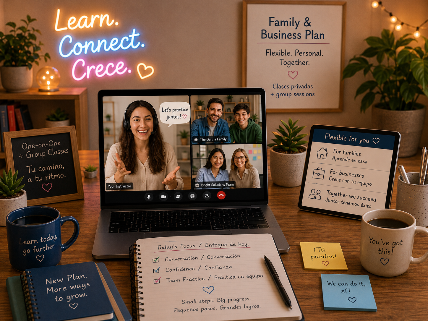 Family members and business teams participating in online language lessons
