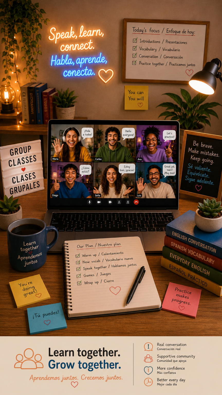 Students participating in an online bilingual group class