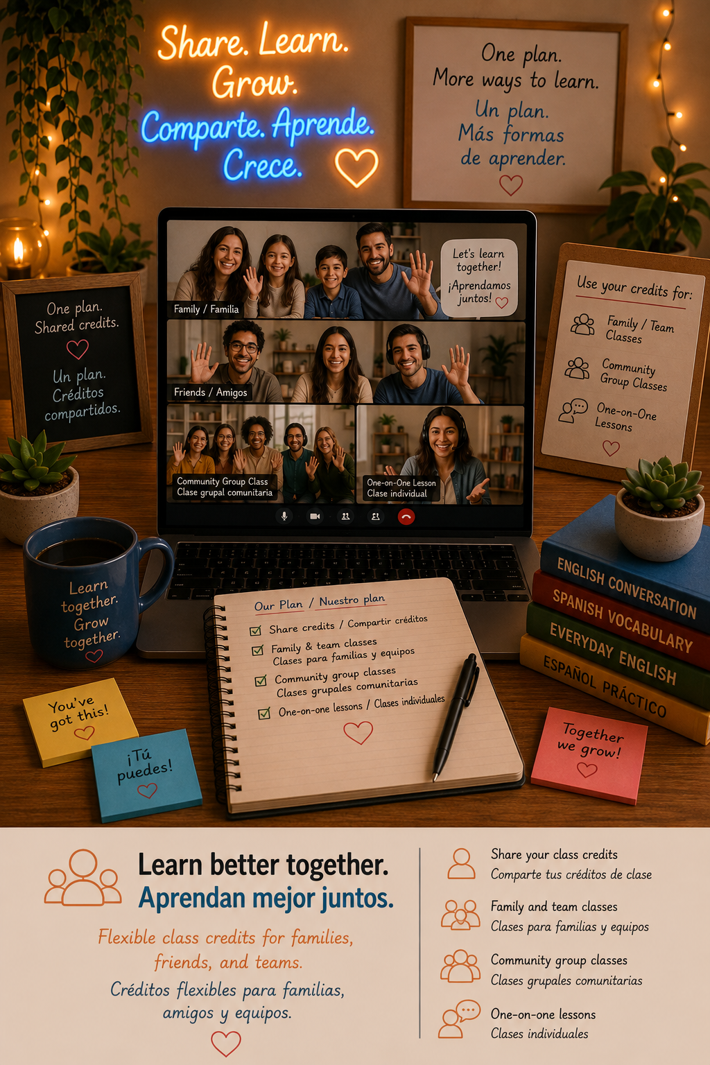 Family members and coworkers sharing an online language plan